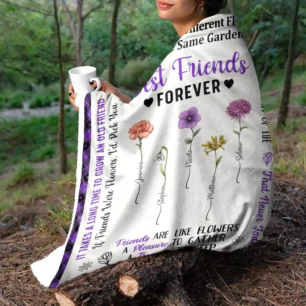 Bestie, Gift For Bestie - Birth Flower Grow An Old Friend - Personalized Fleece Blanket, Sherpa Blanket