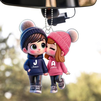 Cute Cartoon Couple Walking Personalized Car Ornament, Perfect Valentine'Day Gift for him, Gift for her