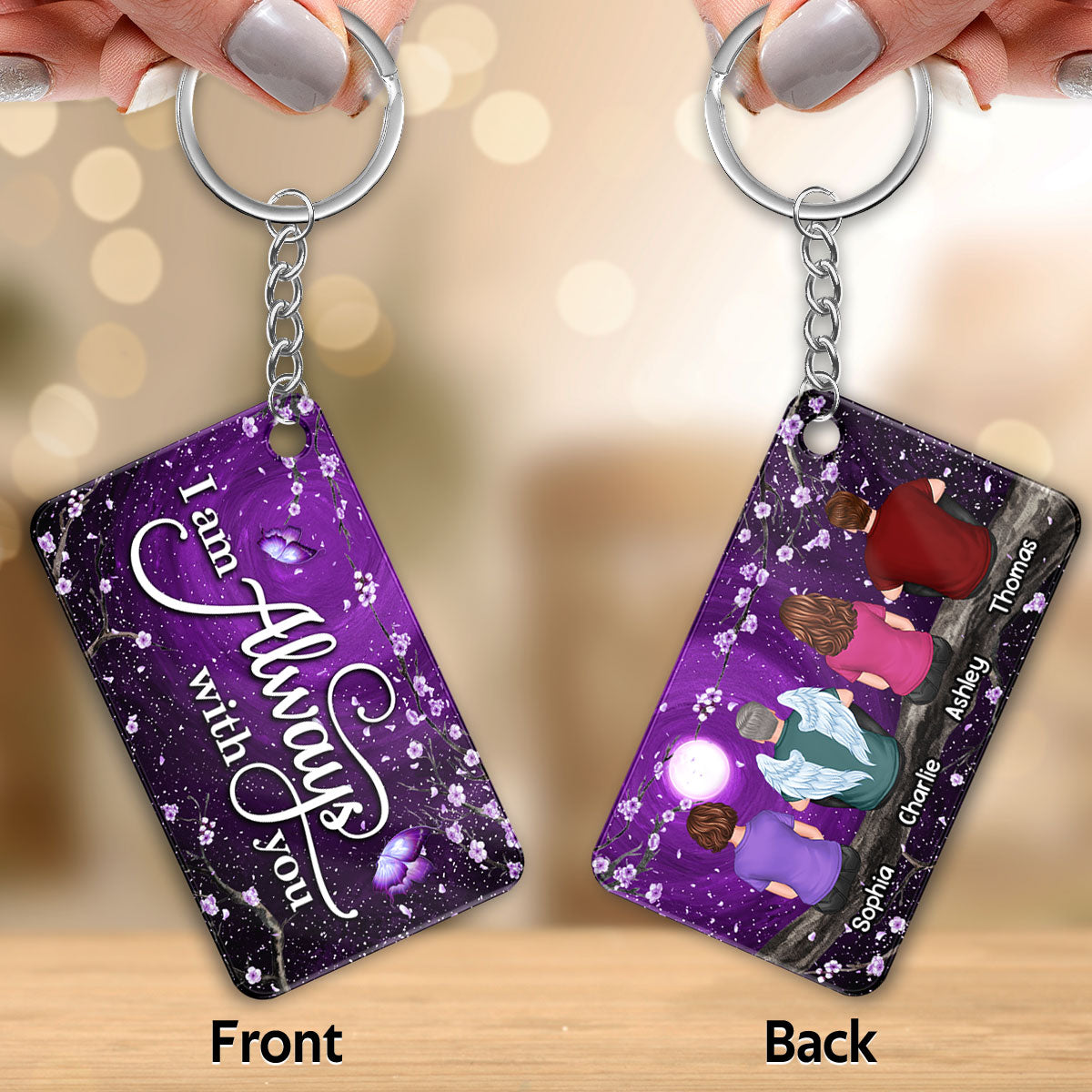 Butterfly Purple Moon Flowers Family Memorial Gift Remembrance Keepsake Personalized Acrylic Keychain