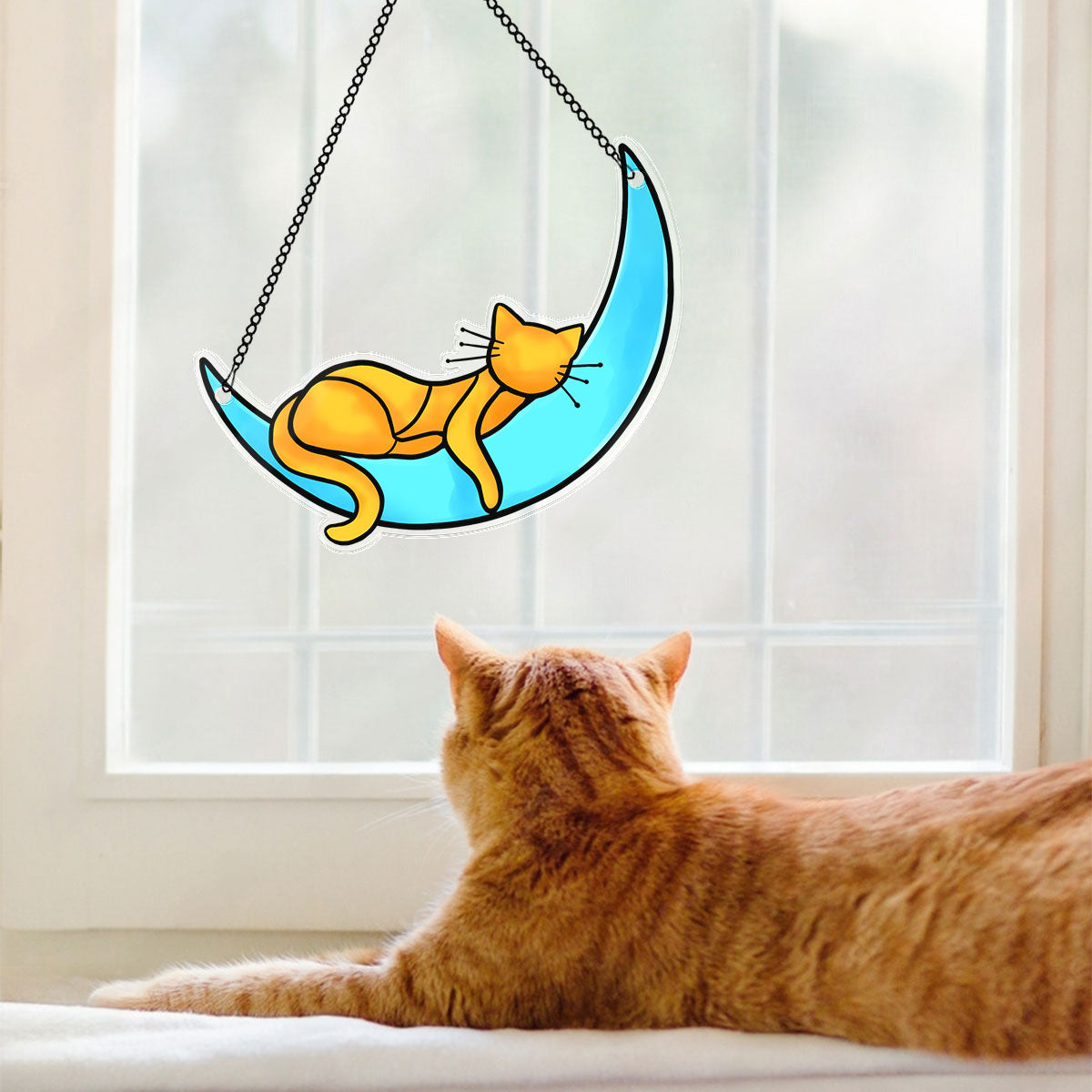 Sleeping Cat On Moon Handcrafted Suncatchers, Cat Decoration, Cat Memorial Gifts Personalized Acrylic Windows Hangings