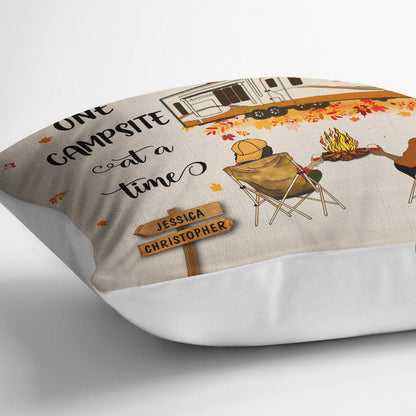 Fall Camping Couple Making Memories One Campsite - Personalized Custom Pillow