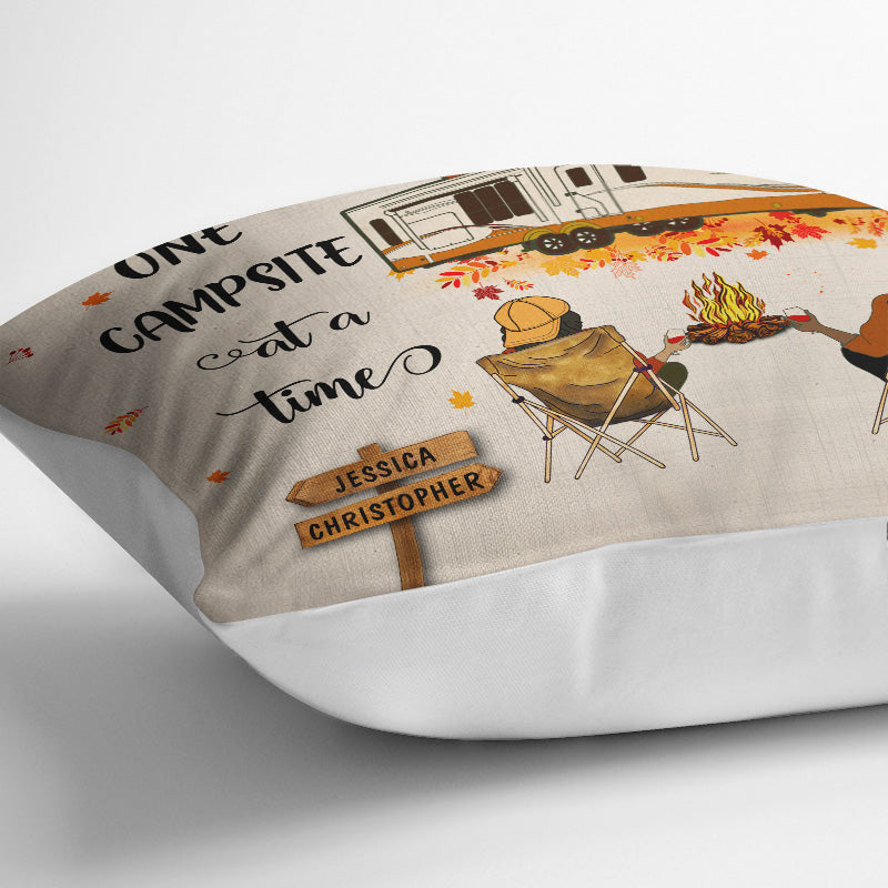 Fall Camping Couple Making Memories One Campsite - Personalized Custom Pillow