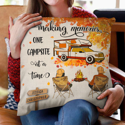Fall Camping Couple Making Memories One Campsite - Personalized Custom Pillow