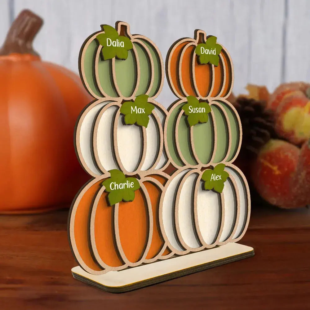 Fall Season Pumpkins Stack With Names Personalized 2-Layer Wooden Standing Plaque 2 Layers Wooden Plaque The Next Custom Gift