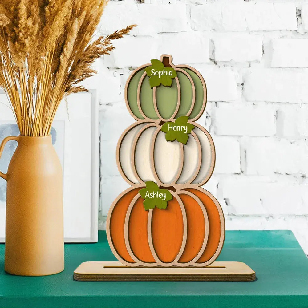 Fall Season Pumpkins Stack With Names Personalized 2-Layer Wooden Standing Plaque 2 Layers Wooden Plaque The Next Custom Gift