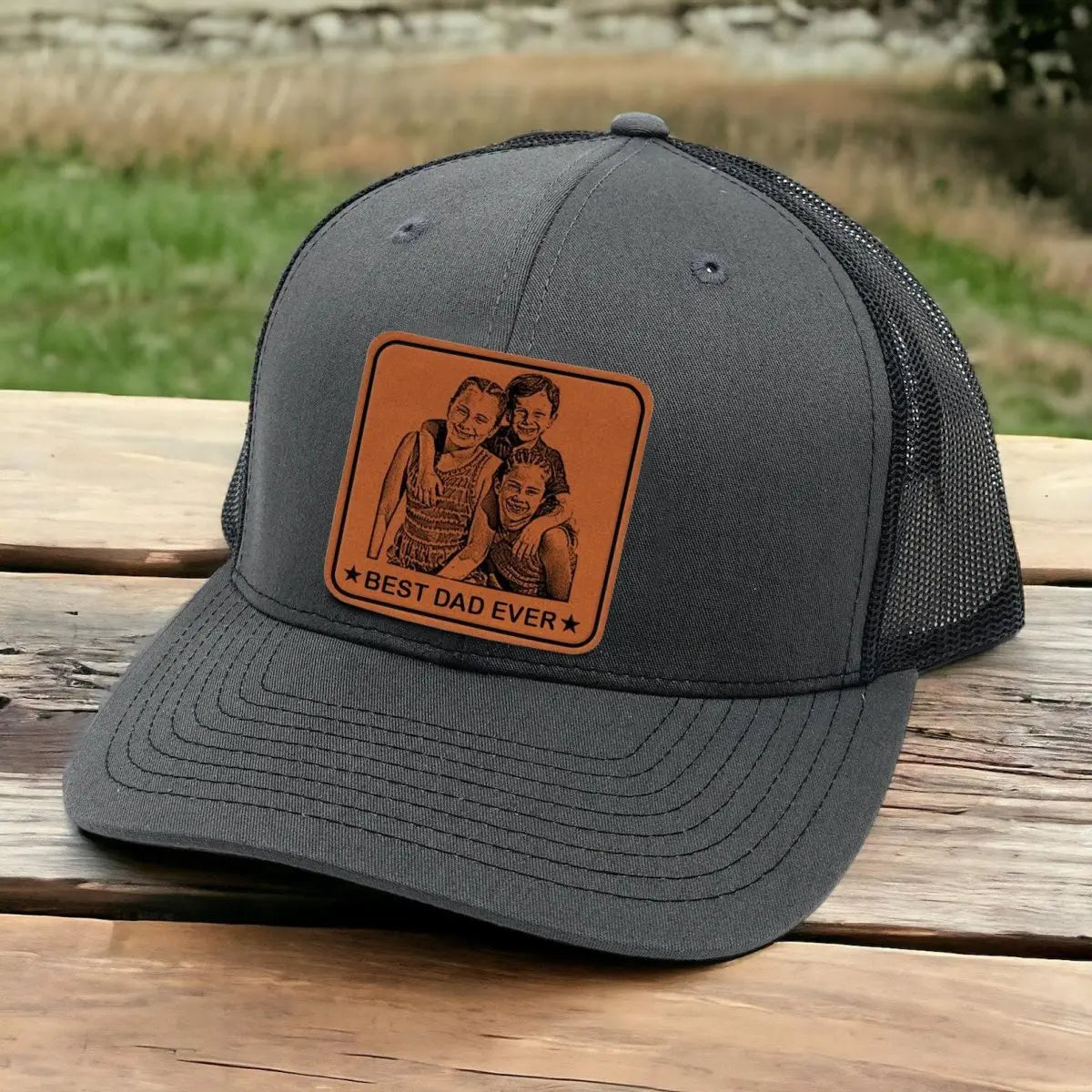 Family - Best Dad Ever Trucker Hat Engraved With Photo - Leather Patch Cap Hat The Next Custom Gift