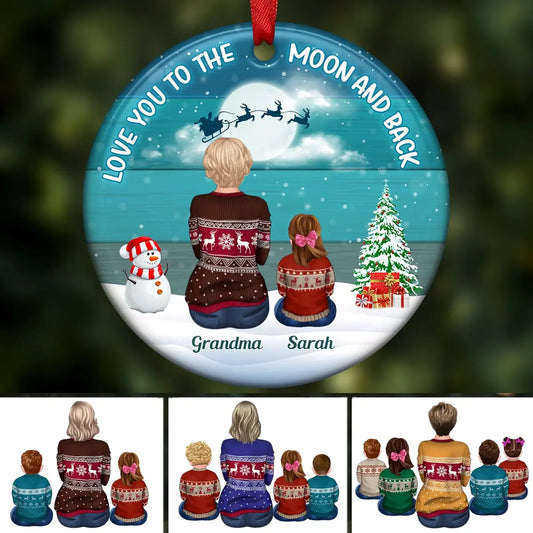 Family - Blue Palette Moon Grandma & Grandkids Back View - Personalized Circle Ornament