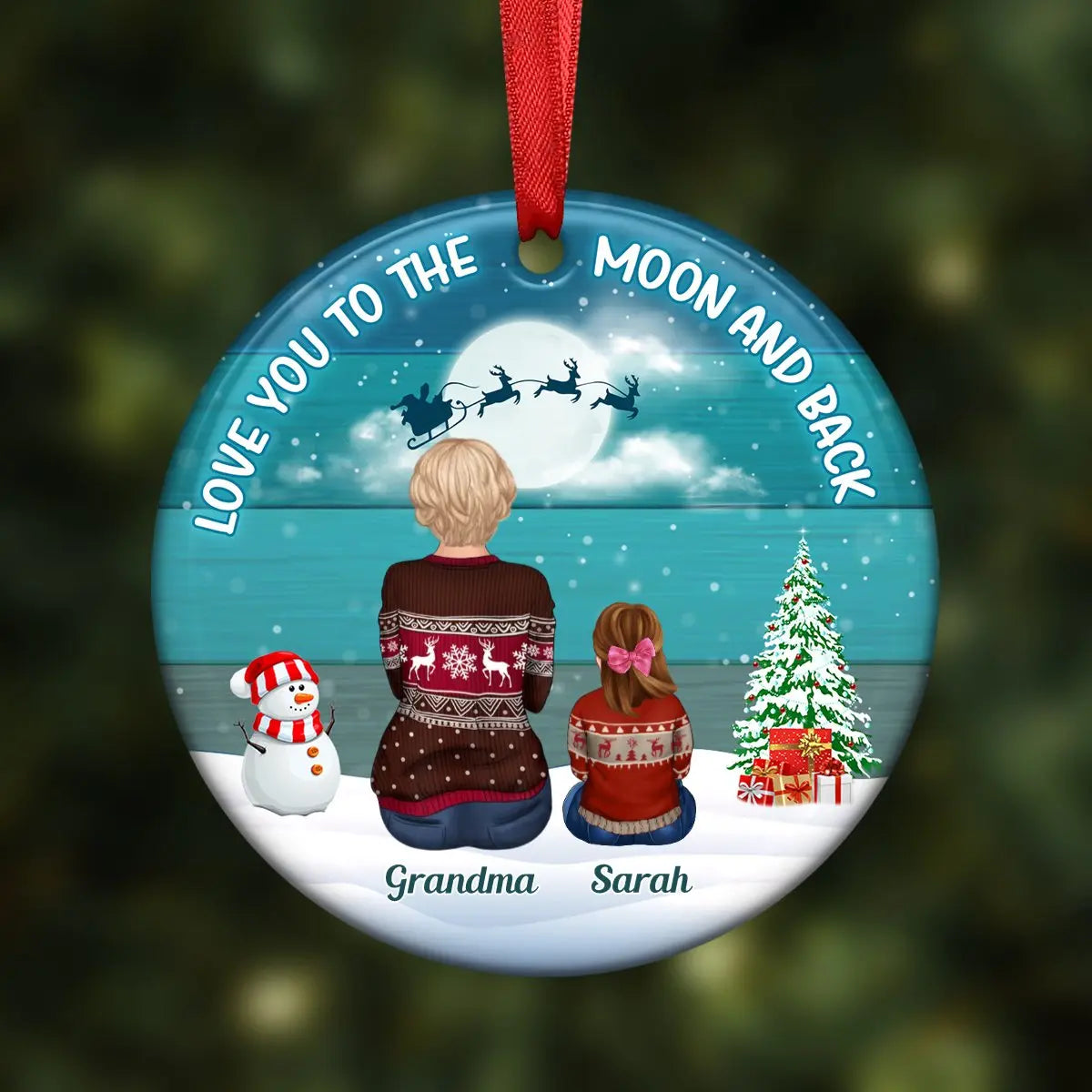 Family - Blue Palette Moon Grandma & Grandkids Back View - Personalized Circle Ornament