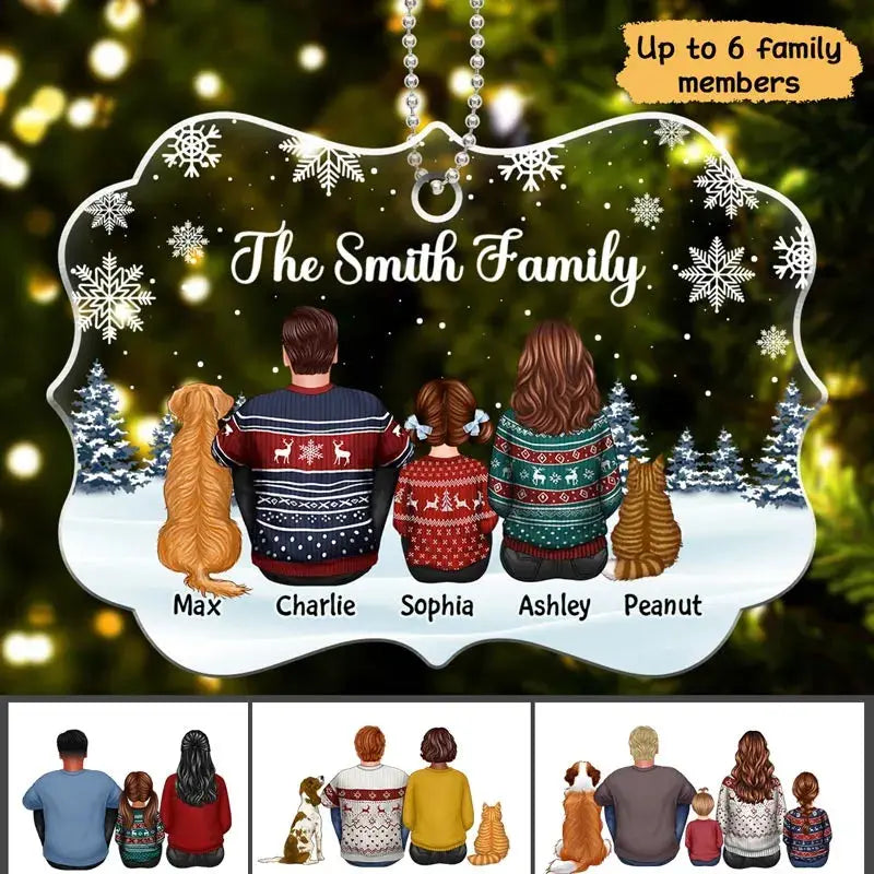 Family Dad Mom Kids Dogs Cats Snow Background Personalized Acrylic Ornament ornament The Next Custom Gift