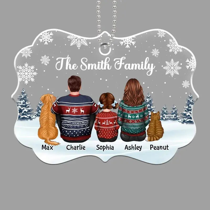 Family Dad Mom Kids Dogs Cats Snow Background Personalized Acrylic Ornament ornament The Next Custom Gift