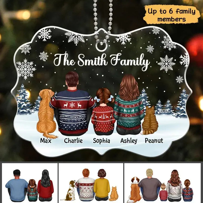 Family Dad Mom Kids Dogs Cats Snow Background Personalized Acrylic Ornament ornament The Next Custom Gift