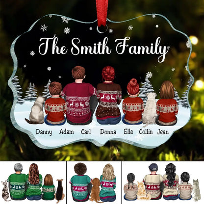 Family - Dad Mom Kids Dogs Cats Snow Background - Personalized Ornament