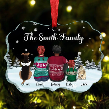 Family - Dad Mom Kids Dogs Cats Snow Background - Personalized Ornament