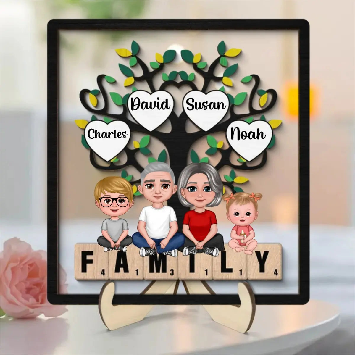 Family - Family Crossed Legs Under Tree On Text - Personalized 2-Layer Wooden Plaque (HJ) Standing Wooden Plaque The Next Custom Gift