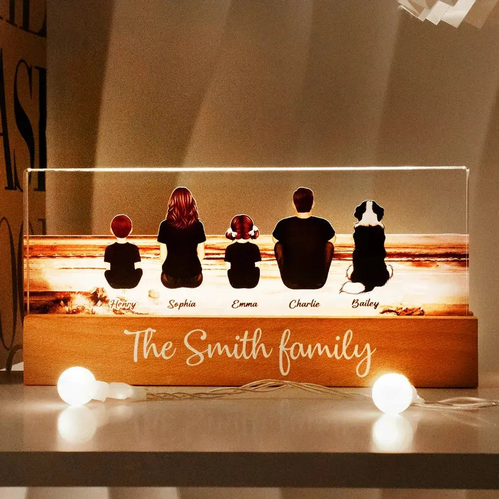 Family - Family Sitting Back View Retro Vintage Beach Landscape - Personalized Acrylic Plaque With LED Night Light LED Night Light The Next Custom Gift