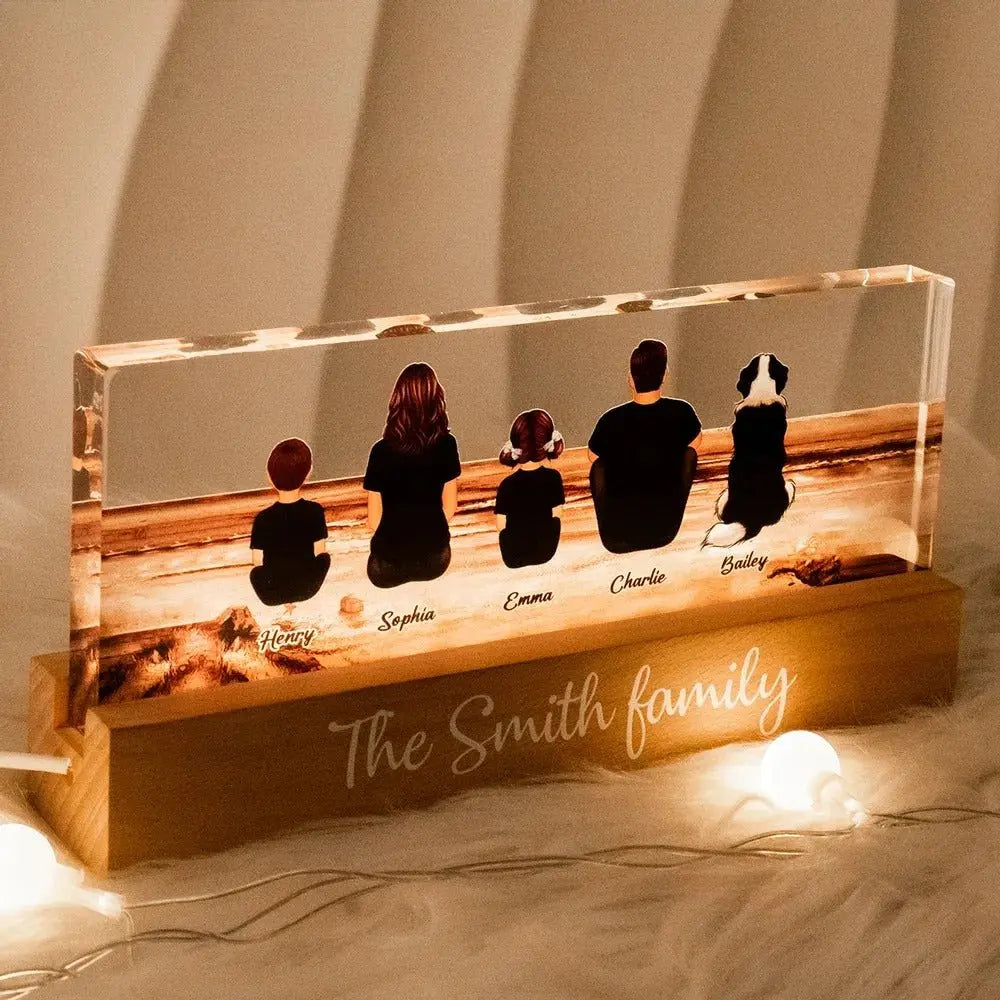 Family - Family Sitting Back View Retro Vintage Beach Landscape - Personalized Acrylic Plaque With LED Night Light LED Night Light The Next Custom Gift