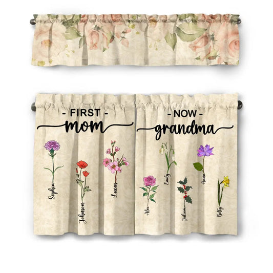 Family - First Mom Now Grandma Flowers - Personalized Curtain Valance And Tiers Set Acrylic Plaque The Next Custom Gift