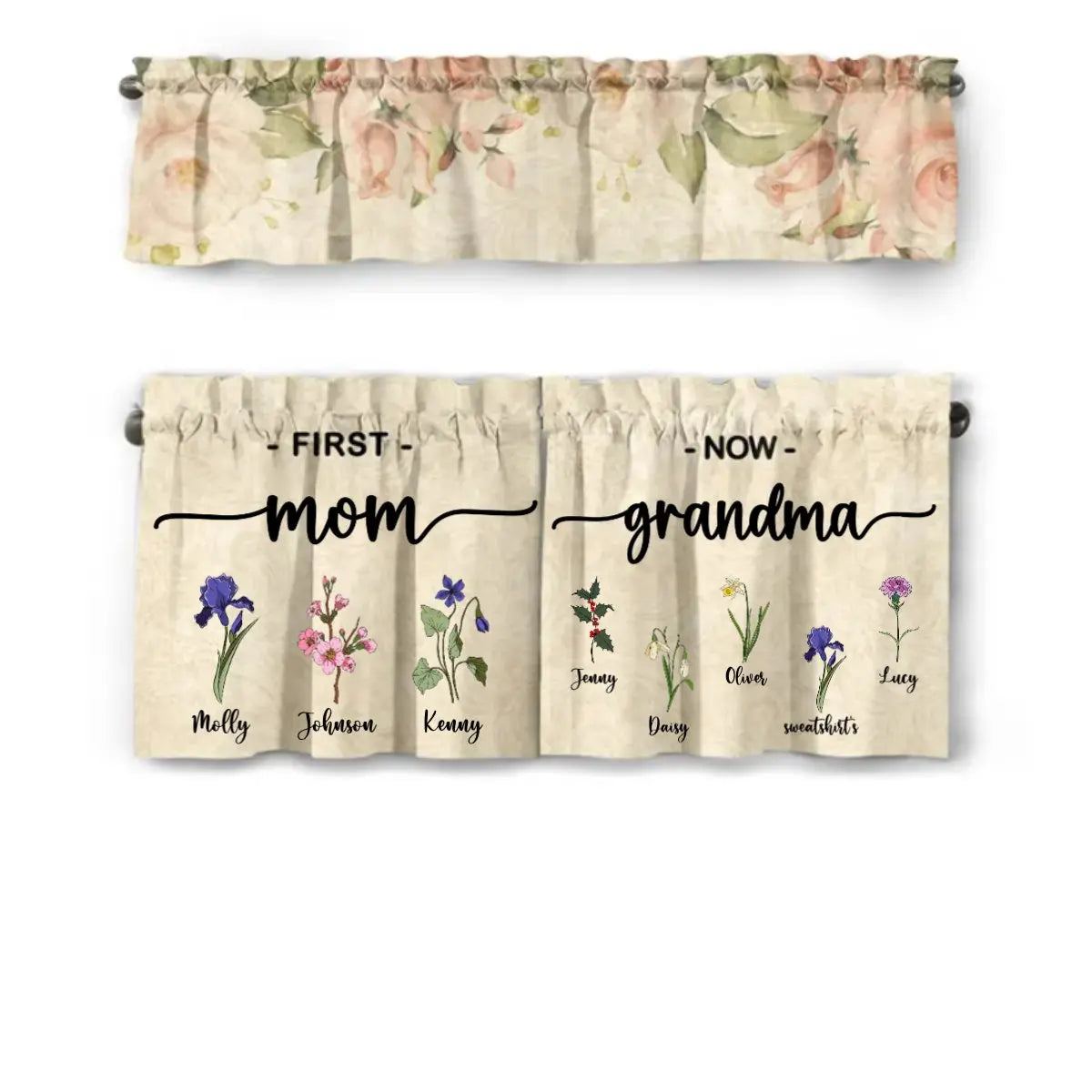 Family - First Mom Now Grandma Flowers - Personalized Curtain Valance And Tiers Set Acrylic Plaque The Next Custom Gift