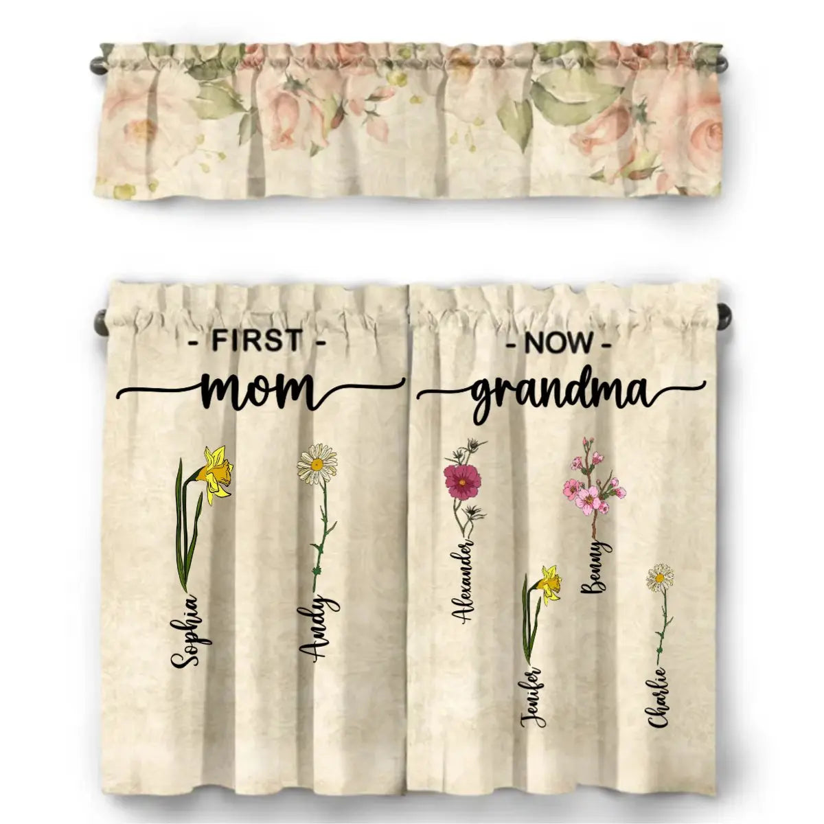 Family - First Mom Now Grandma Flowers - Personalized Curtain Valance And Tiers Set Acrylic Plaque The Next Custom Gift