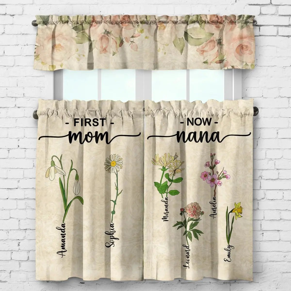 Family - First Mom Now Grandma Flowers - Personalized Curtain Valance And Tiers Set Acrylic Plaque The Next Custom Gift