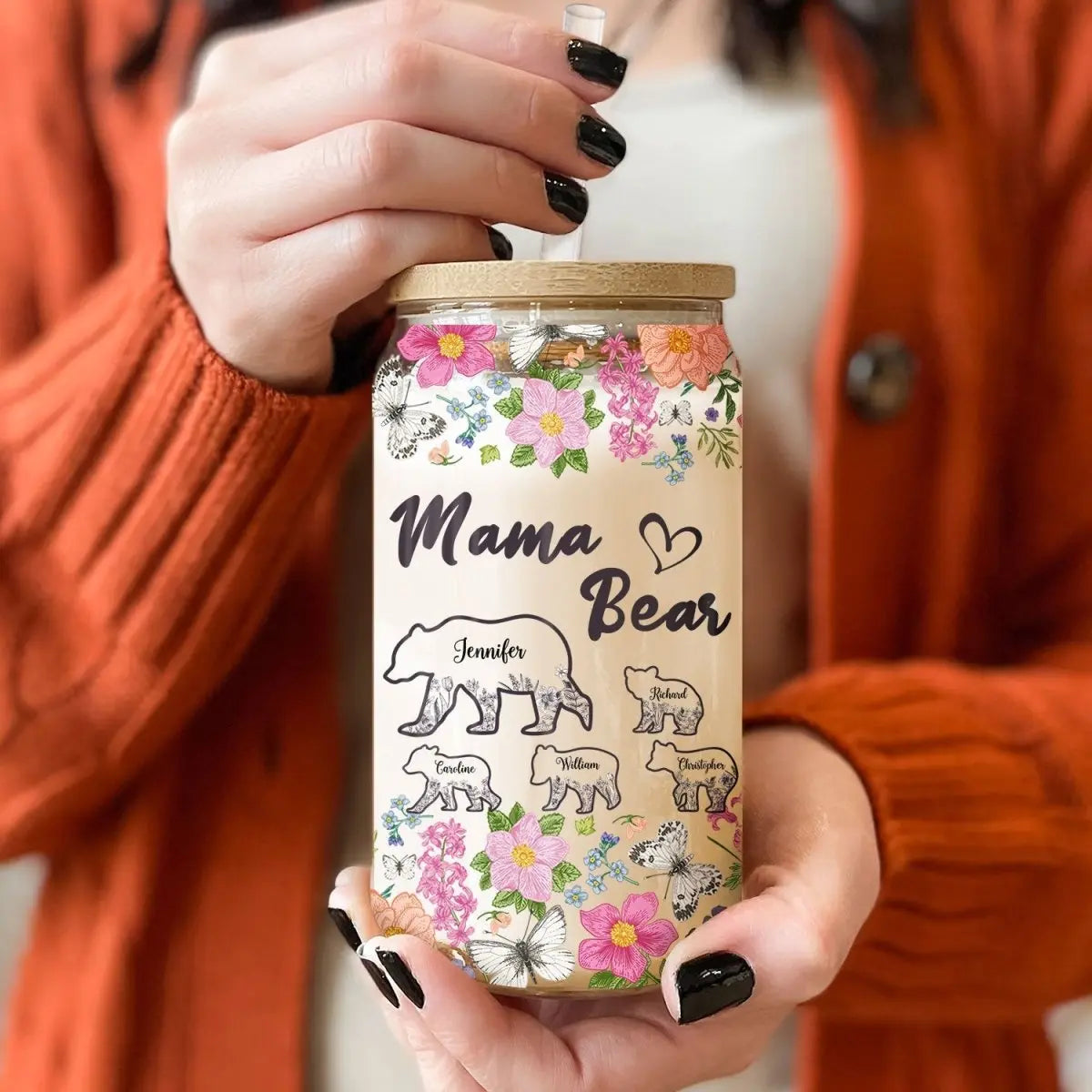 Family - Floral Mama Bear - Personalized Glass Can