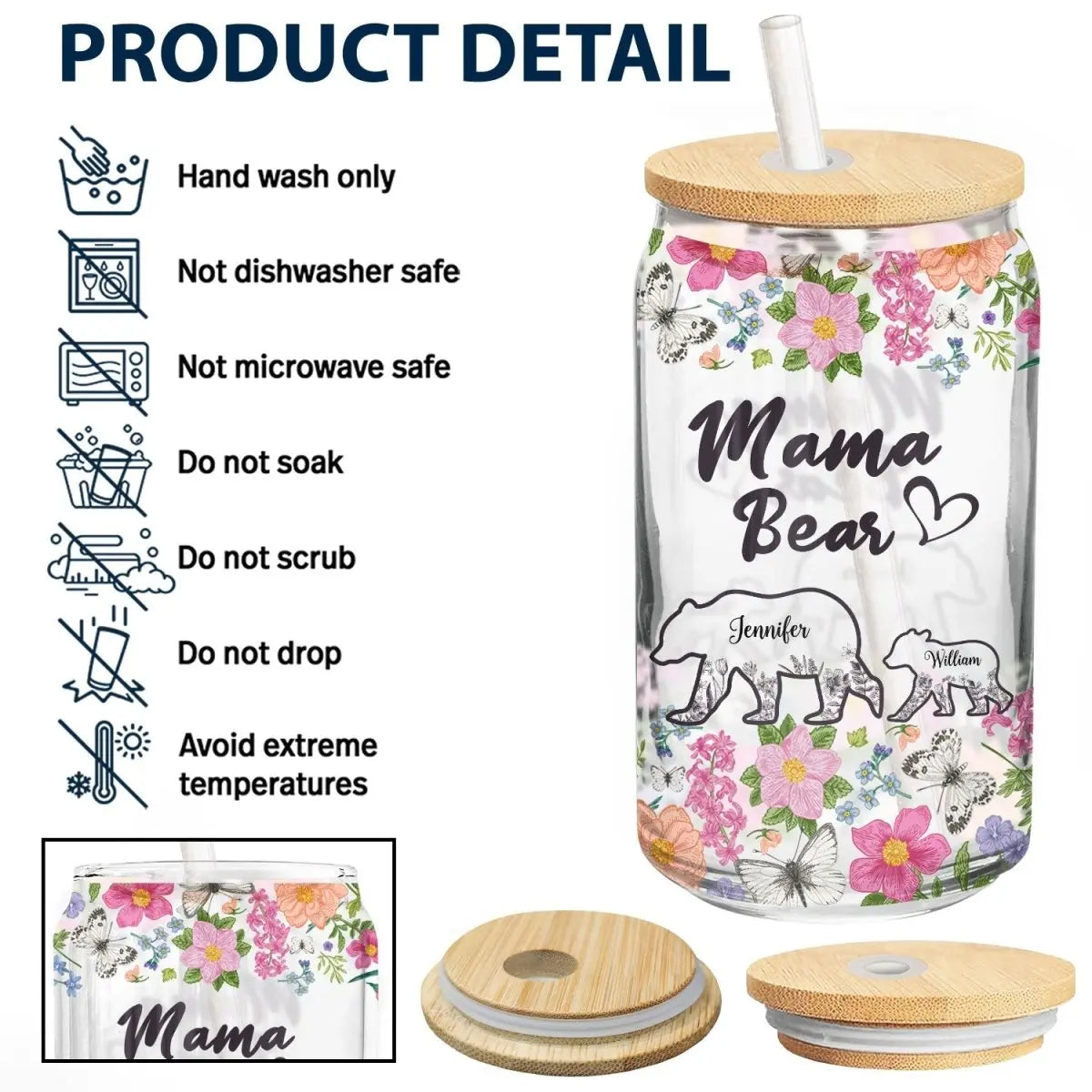 Family - Floral Mama Bear - Personalized Glass Can