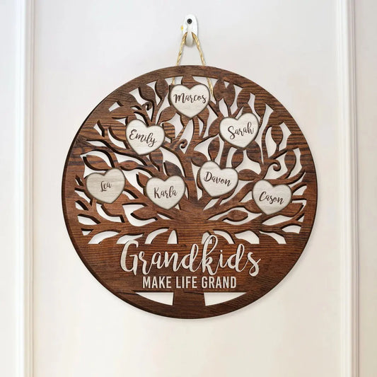 Family - Grandkids Make Life Grand - Personalized Circle Wood Sign Wooden Plaque The Next Custom Gift