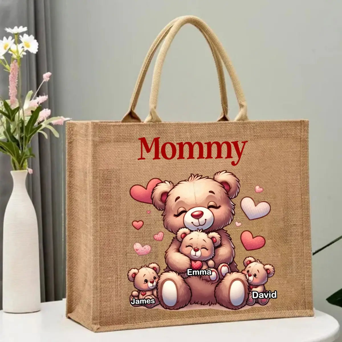 Family - Grandma Bear With Cute Grandkids - Personalized Jute Tote Bag Canvas Bag The Next Custom Gift