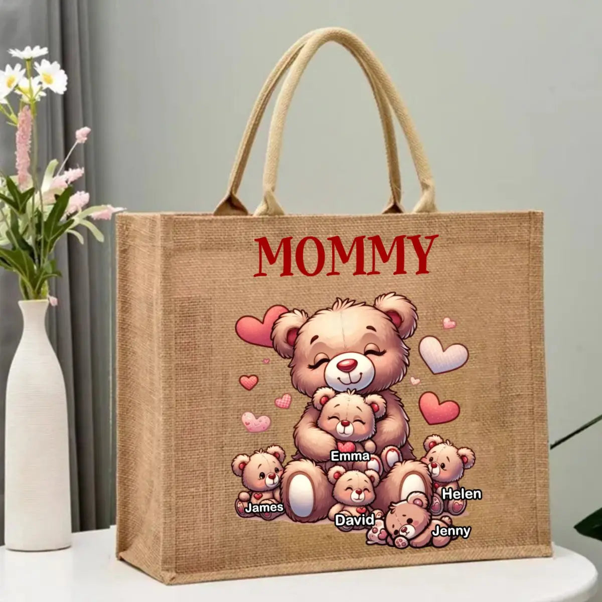 Family - Grandma Bear With Cute Grandkids - Personalized Jute Tote Bag Canvas Bag The Next Custom Gift