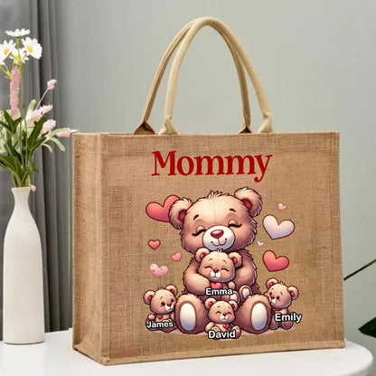 Family - Grandma Bear With Cute Grandkids - Personalized Jute Tote Bag Canvas Bag The Next Custom Gift