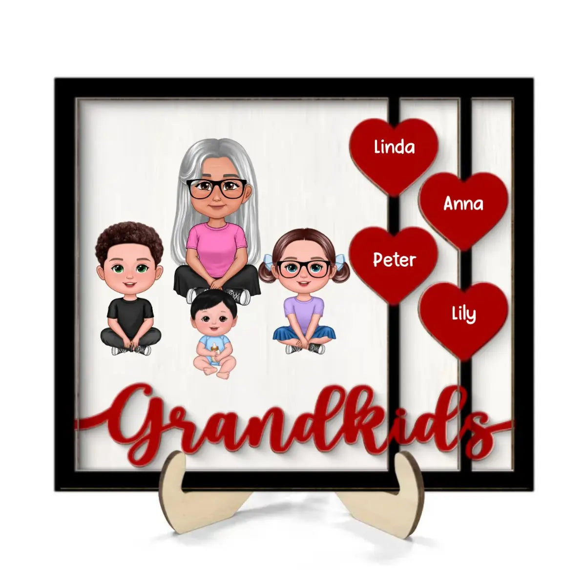 Family - Grandma Grandkids Crossed Legs Red Hearts - Personalized 2-Layer Wooden Plaque Wooden Plaque The Next Custom Gift