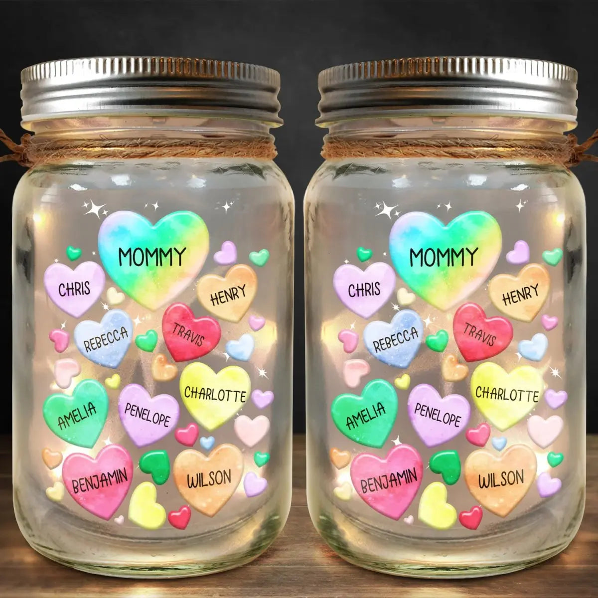 Family - Grandma's Sweethearts Heart By Heart - Personalized Mason Jar Light  The Next Custom Gift