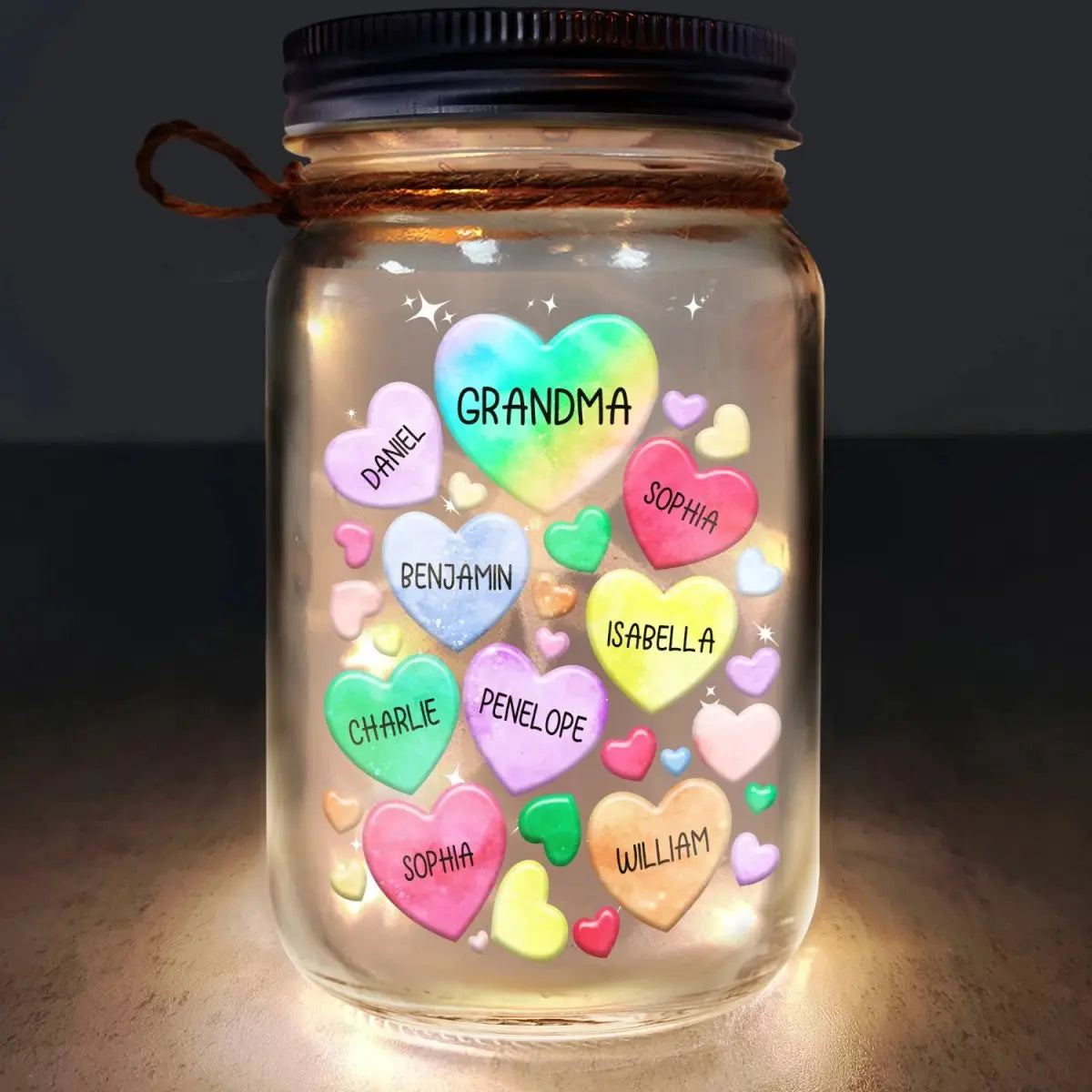 Family - Grandma's Sweethearts Heart By Heart - Personalized Mason Jar Light  The Next Custom Gift