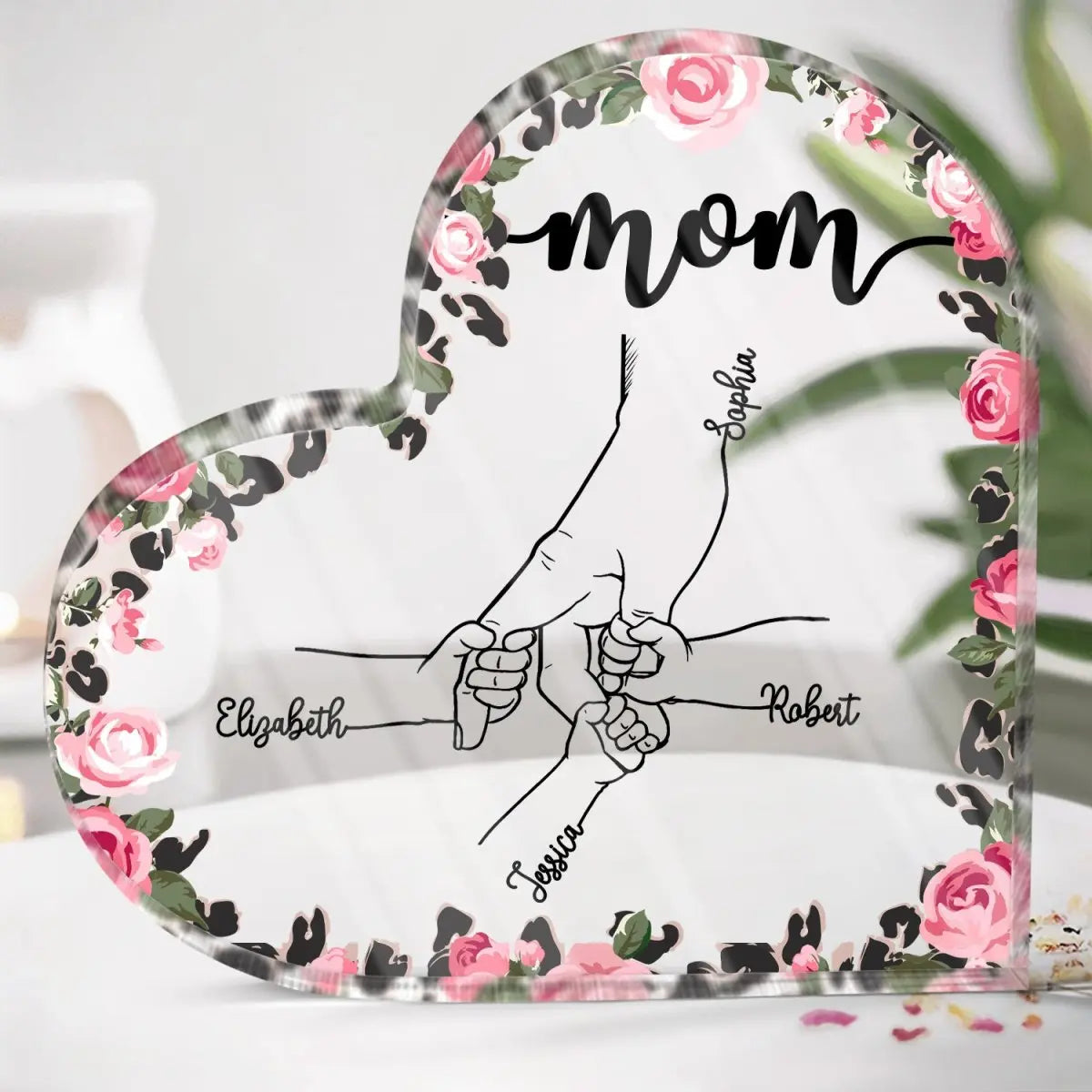 Family - Hand In Hand Leopard Flower - Gift For Mom, Mum, Nana, Grandma - Personalized Heart Acrylic Plaque Acrylic Plaque The Next Custom Gift