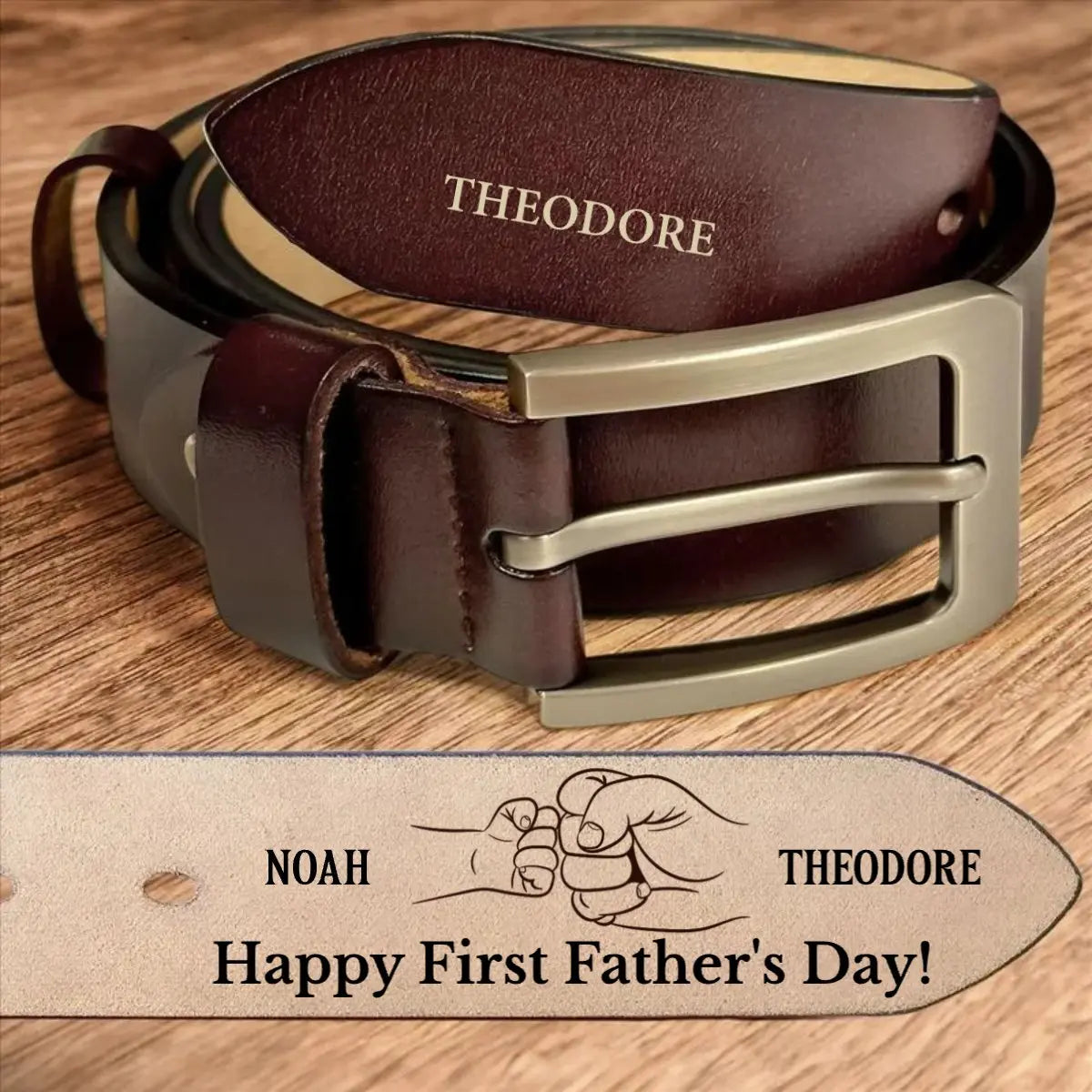 Family - Happy First Father's Day Fist Bump Daddy And Baby - Personalized Engraved Leather Belt (HJ) Leather Belt The Next Custom Gift