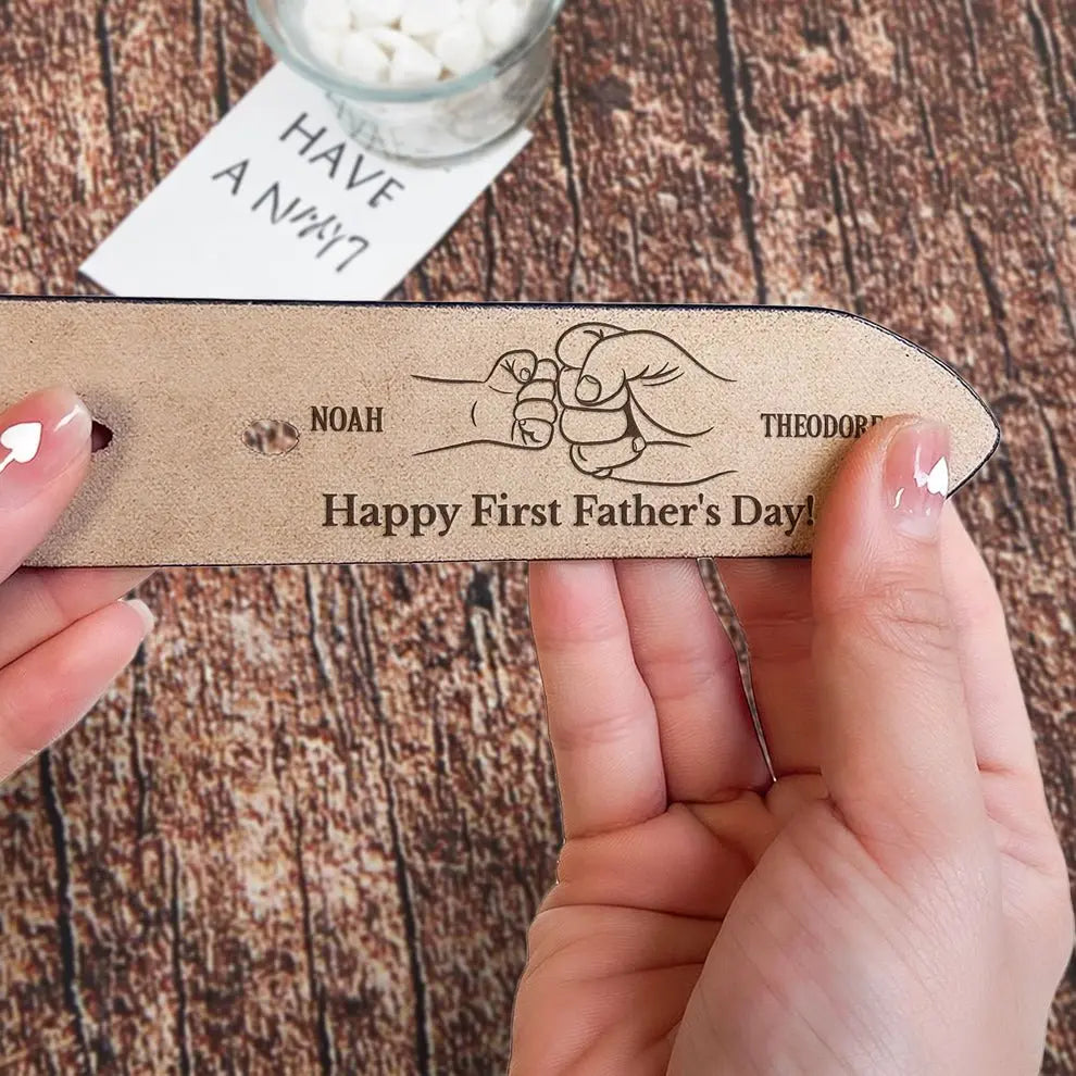 Family - Happy First Father's Day Fist Bump Daddy And Baby - Personalized Engraved Leather Belt (HJ) Leather Belt The Next Custom Gift