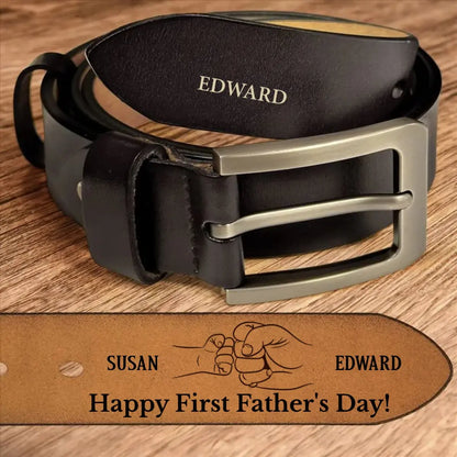 Family - Happy First Father's Day Fist Bump Daddy And Baby - Personalized Engraved Leather Belt (HJ) Leather Belt The Next Custom Gift