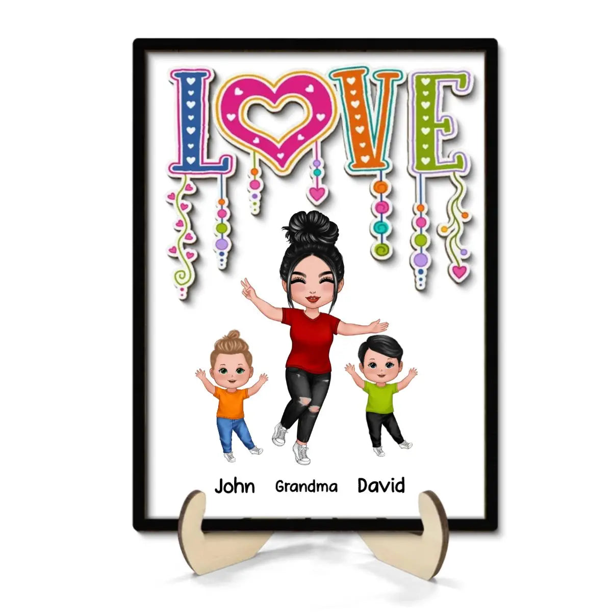 Family- LOVE Happy Doll Grandma Mom With Kids - Personalized 2-Layer Wooden Plaque Wooden Plaque The Next Custom Gift