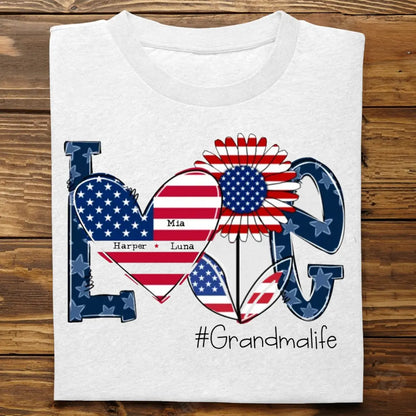 Family  - Love Grandma Life With Grandkids Heart Flag Sunflower - Personalized T-Shirt Shirts & Tops The Next Custom Gift