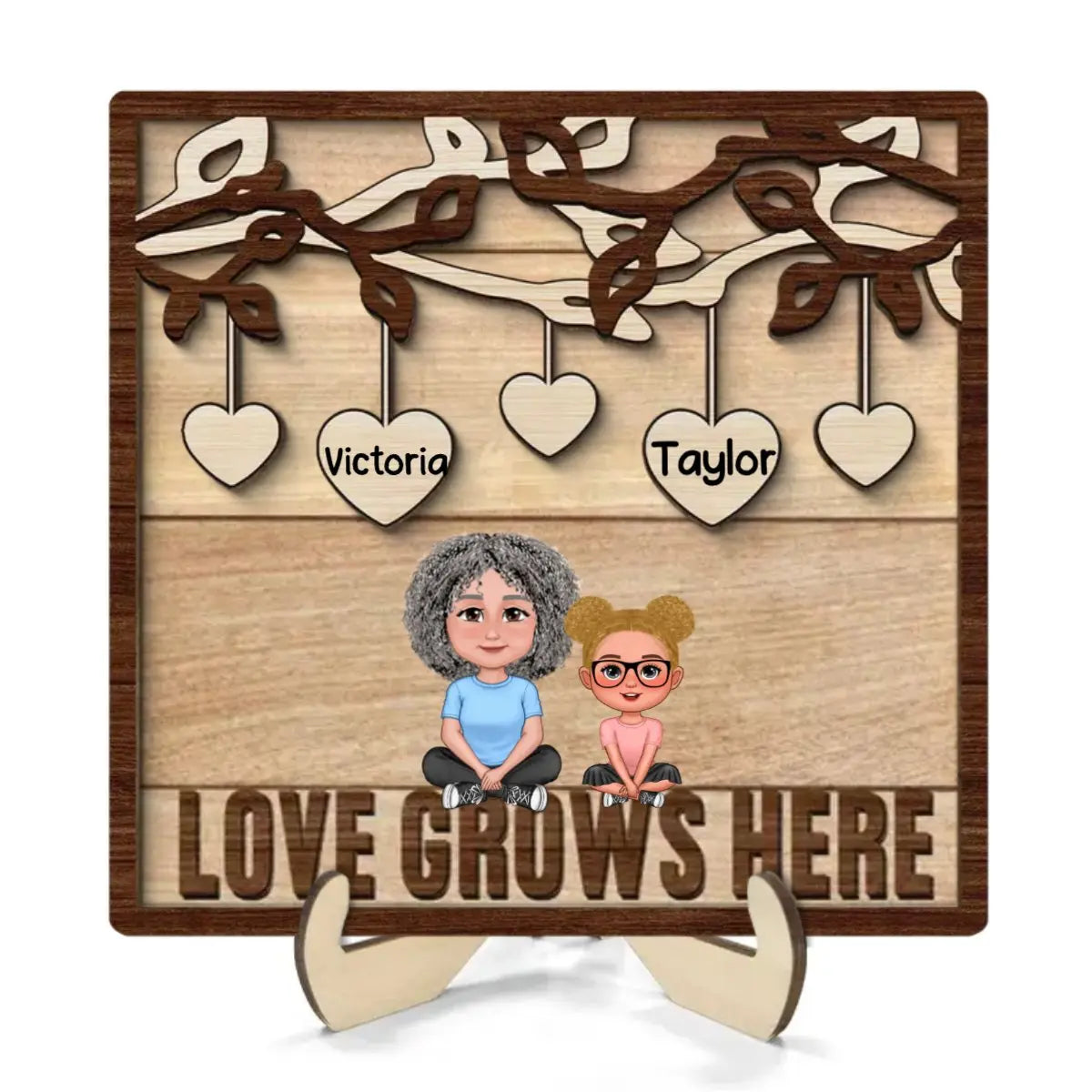 Family - Love Grows Here Grandma Grandkids - Personalized 2-Layer Wooden Plaque Wooden Plaque The Next Custom Gift