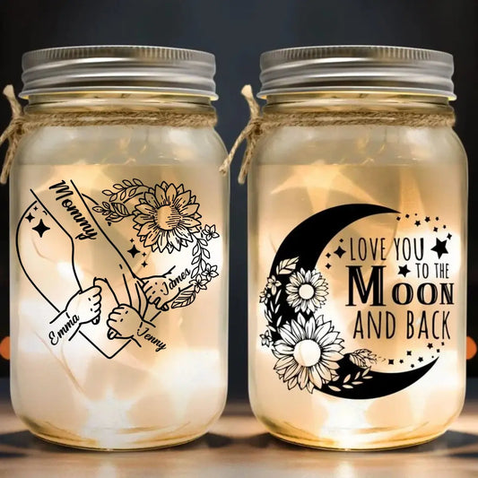 Family - Love You To The Moon And Back Mom Holding Hands - Personalized Mason Jar Light  The Next Custom Gift