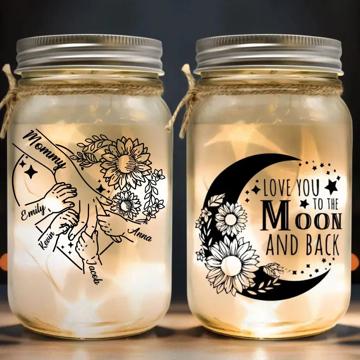 Family - Love You To The Moon And Back Mom Holding Hands - Personalized Mason Jar Light  The Next Custom Gift