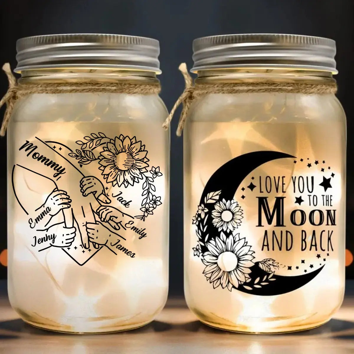 Family - Love You To The Moon And Back Mom Holding Hands - Personalized Mason Jar Light  The Next Custom Gift