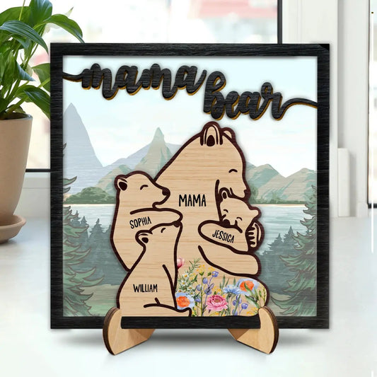 Family - Mama Bear - Gift For Mothers - Personalized 2-Layered Wooden Plaque With Stand (AB) Wooden Plaque The Next Custom Gift