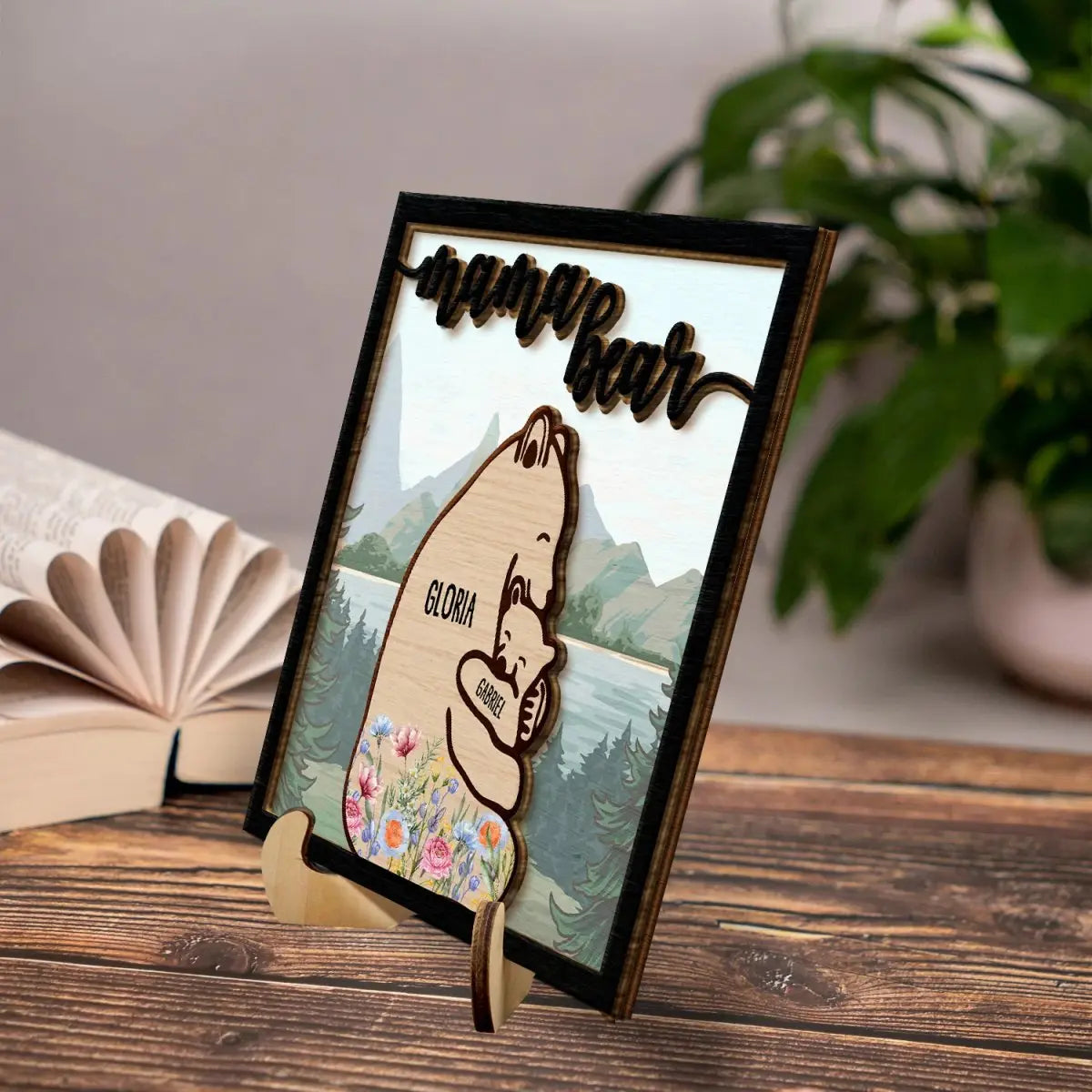 Family - Mama Bear - Gift For Mothers - Personalized 2-Layered Wooden Plaque With Stand (AB) Wooden Plaque The Next Custom Gift