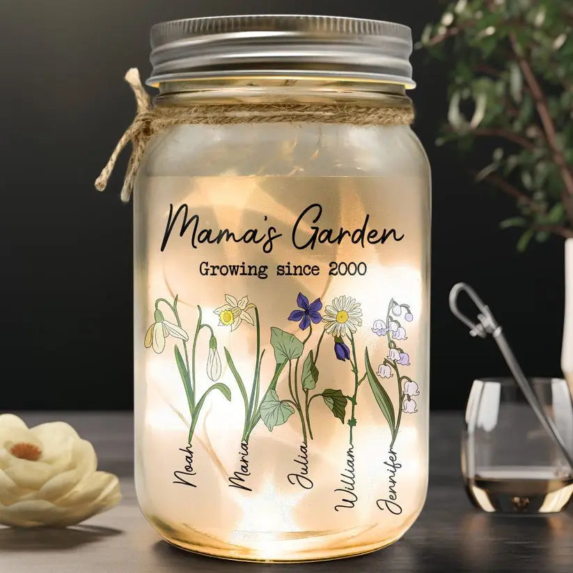 Family - Mama's Garden - Personalized Mason Jar Light - The Next Custom Gift  Mason Jar Light