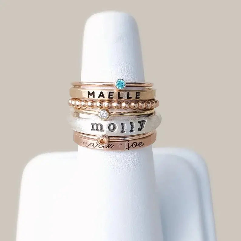 Family - Mixed Metal Stackable Name Birthstone Ring - Personalized Rings (BU) Ring The Next Custom Gift