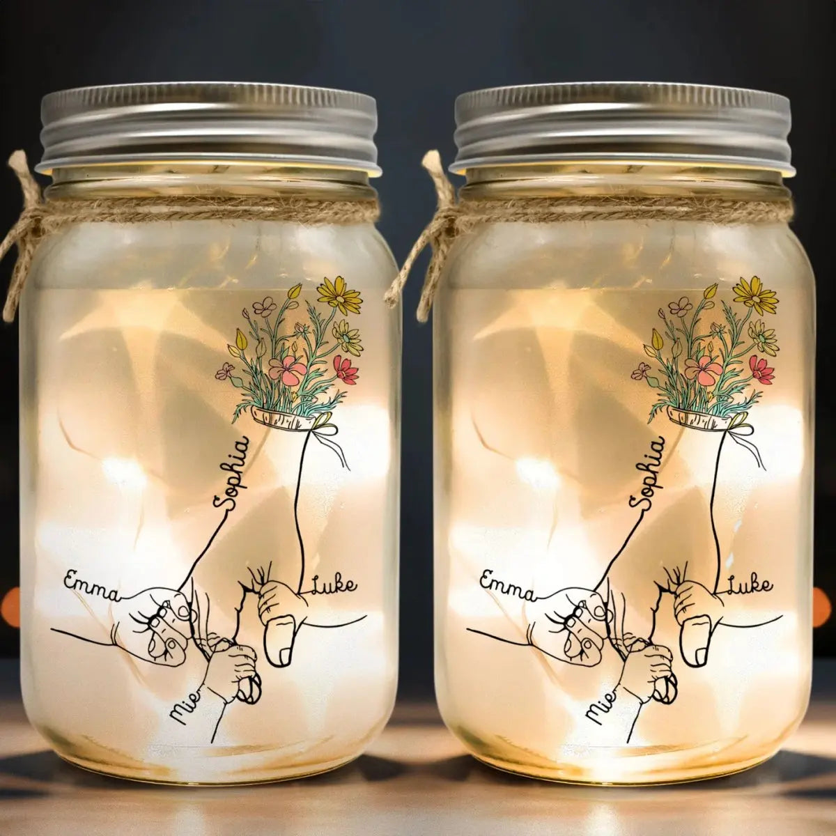 Family - Mom Grandma Floral Hands Holding - Personalized Mason Jar Light  The Next Custom Gift