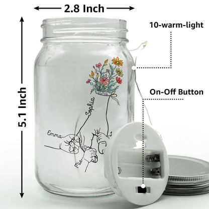 Family - Mom Grandma Floral Hands Holding - Personalized Mason Jar Light  The Next Custom Gift