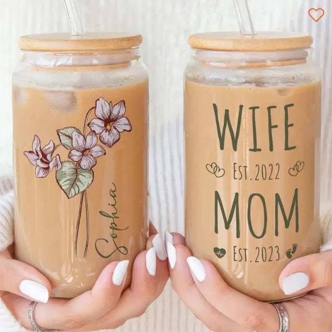 Family - Mom Wife Est Birthday Flower Custom Month - Personalize Glass Can - The Next Custom Gift  Glass Can